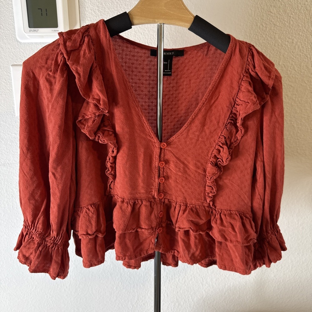 Forever 21 Women's Ruffle Cuff & Hem Elastic Peplum Crop Top Orange Size Small